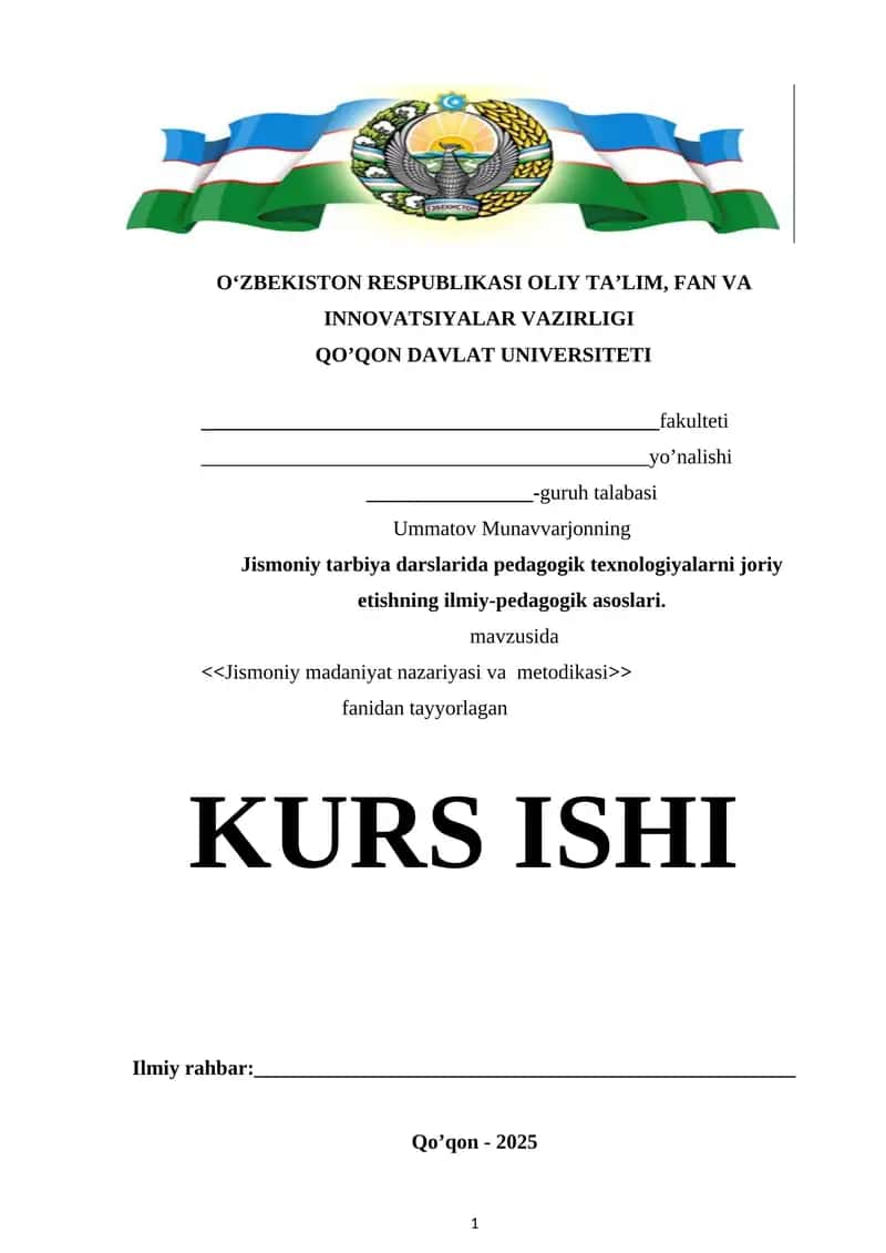 Jismoniy madaniyat nazariyasi va metodikasi kurs ishi 1
