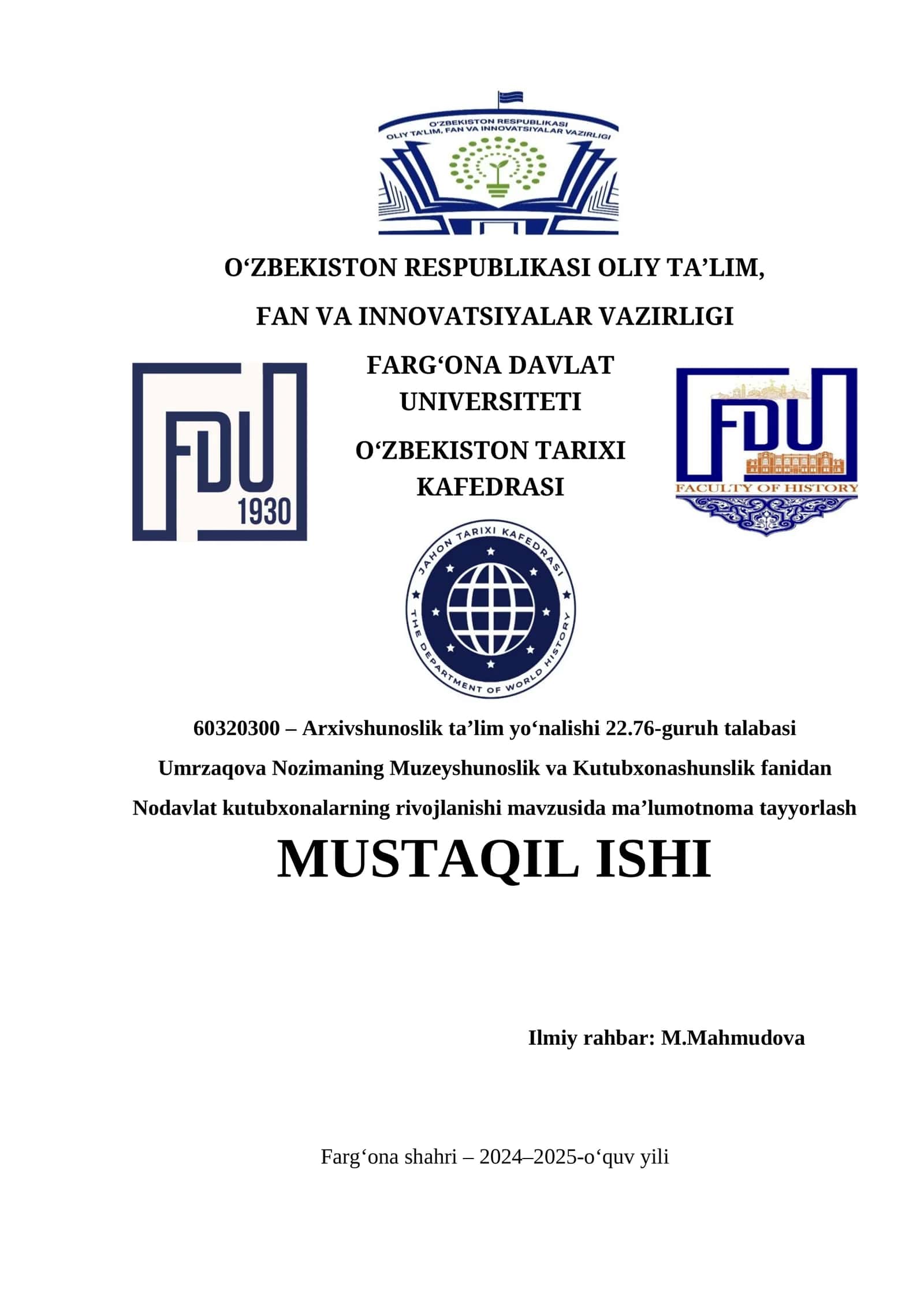 Arxivshunoslik ta’lim yo‘nalishi 22.76-guruh talabasi 1