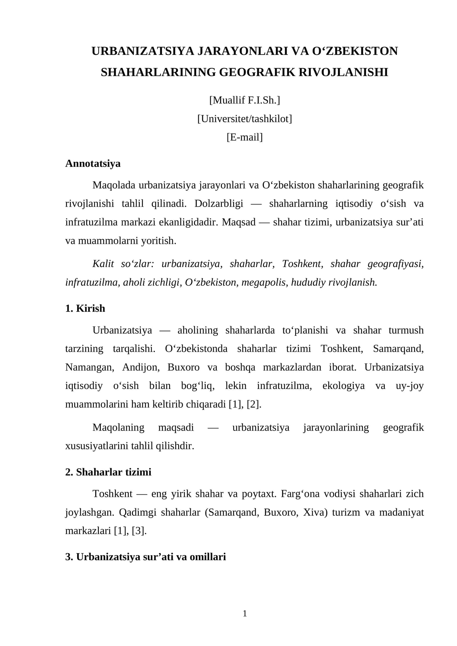 URBANIZATSIYA JARAYONLARI VA O'ZBEKISTON SHAHARLARINING GEOGRAFIK RIVOJLANISHI 1