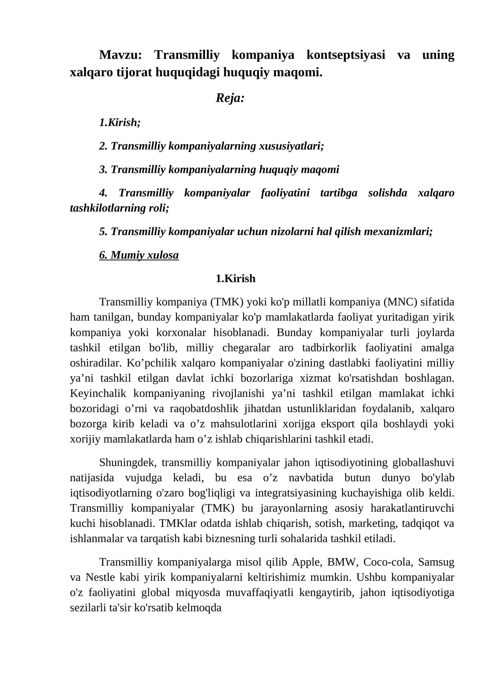 Transmilliy kompaniya kontseptsiyasi va uning xalqaro tijorat huquqidagi huquqiy maqomi 1