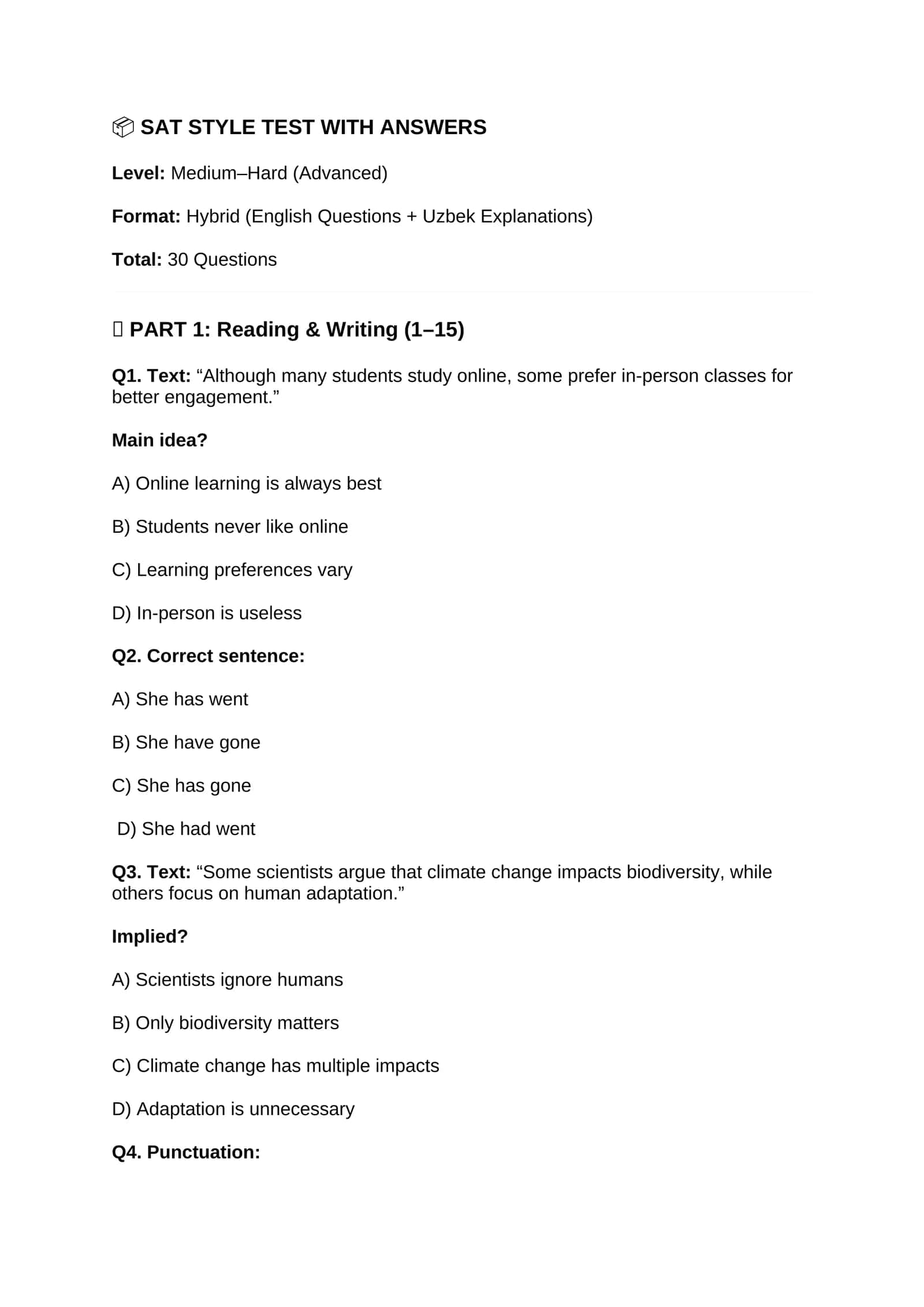 SAT STYLE TEST WITH ANSWERS 1