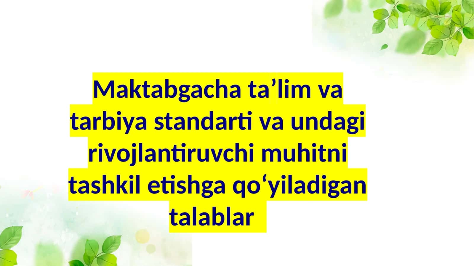 Maktabgacha  taʼlim  va tarbiya  standarti va undagi  rivojlantiruvchi muhitni tashkil etishgaqoʻyiladigantalablar 1