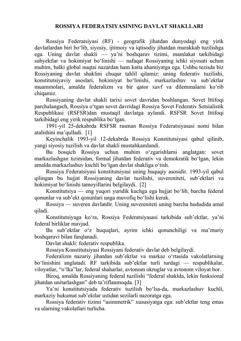 Rossiya davlat shakllari tezis 1