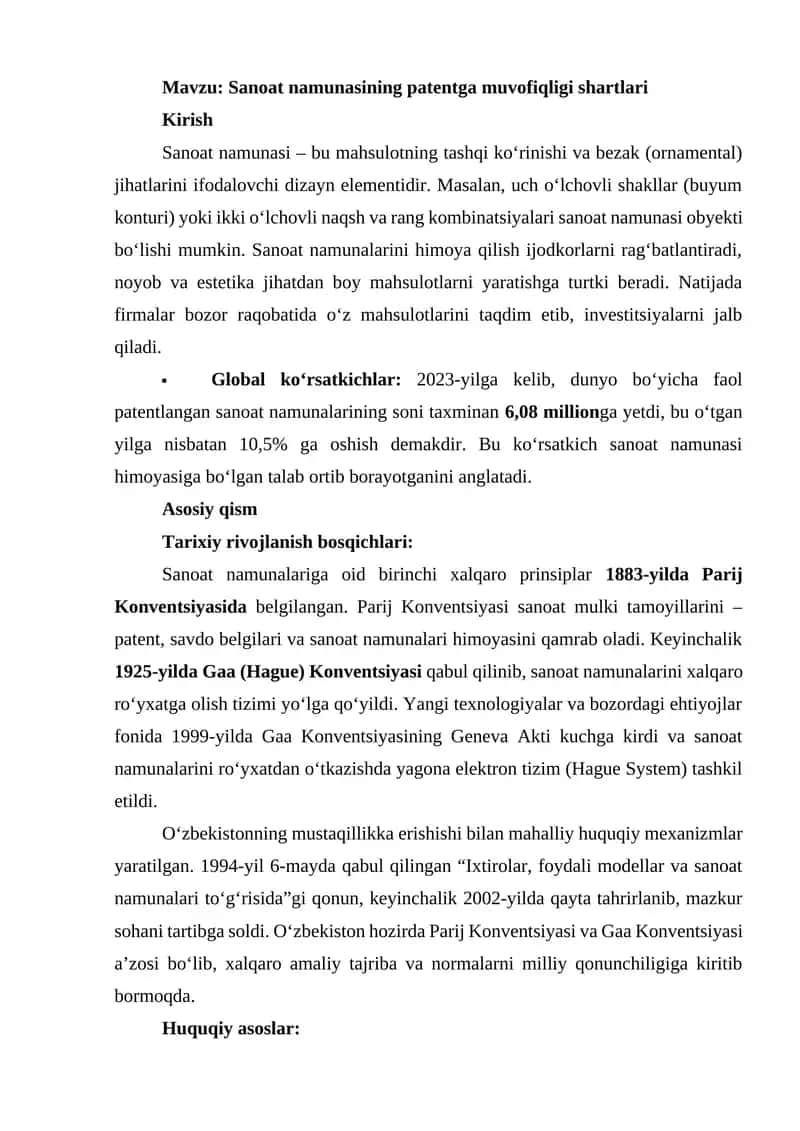 Sanoat namunasining patentga muvofiqligi shartlari 1