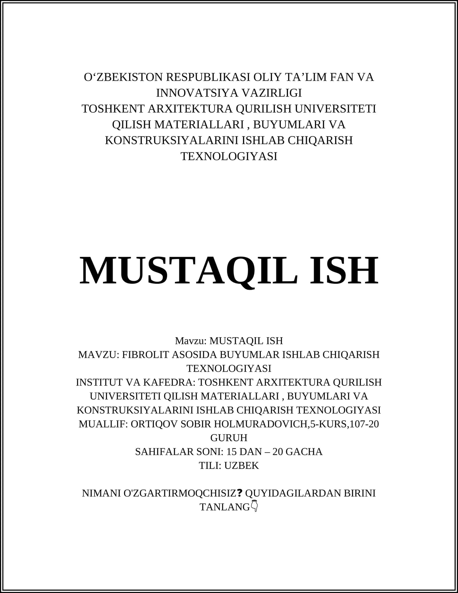 FIBROLIT ASOSIDA BUYUMLAR ISHLAB CHIQARISH TEXNOLOGIYASI 1