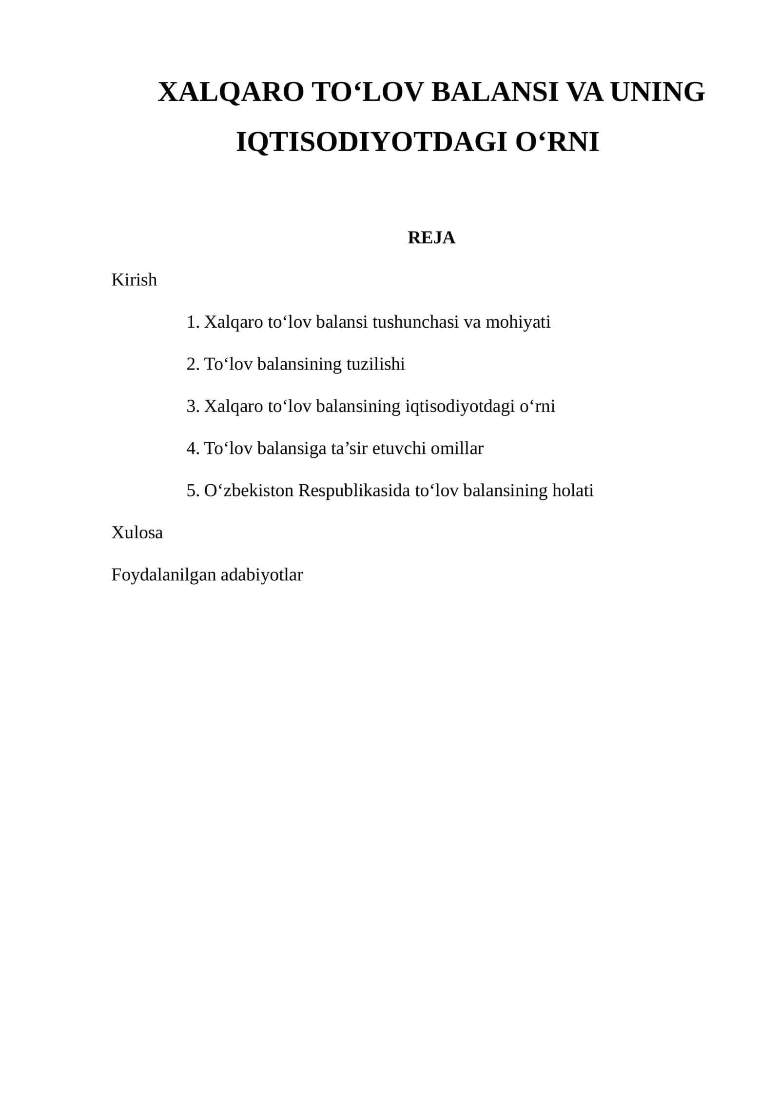 Xalqaro To‘lov Balansi va uning Iqtisodiyotdagi O‘rni 1