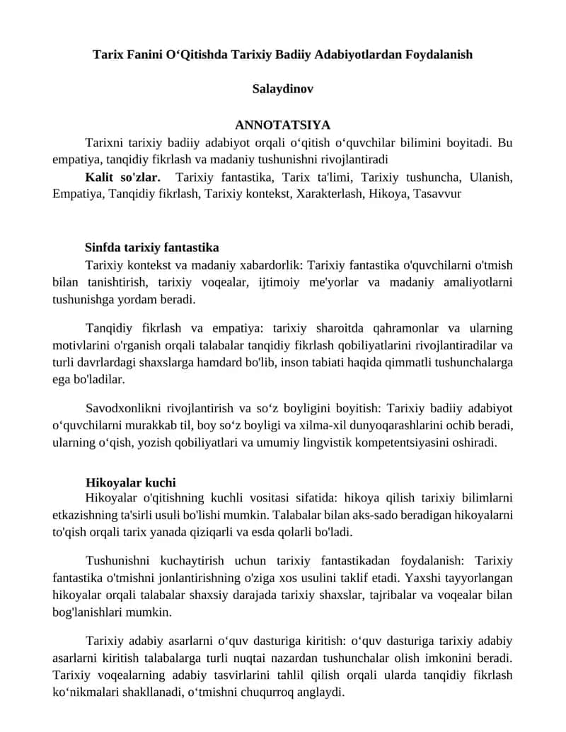 Tarix Fanini OʻQitishda Tarixiy Badiiy Adabiyotlardan Foydalanish 1