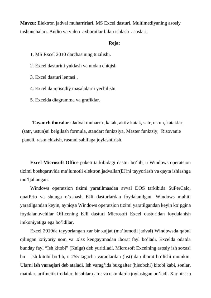 Elektron jadval muharrirlari. MS Excel dasturi 1