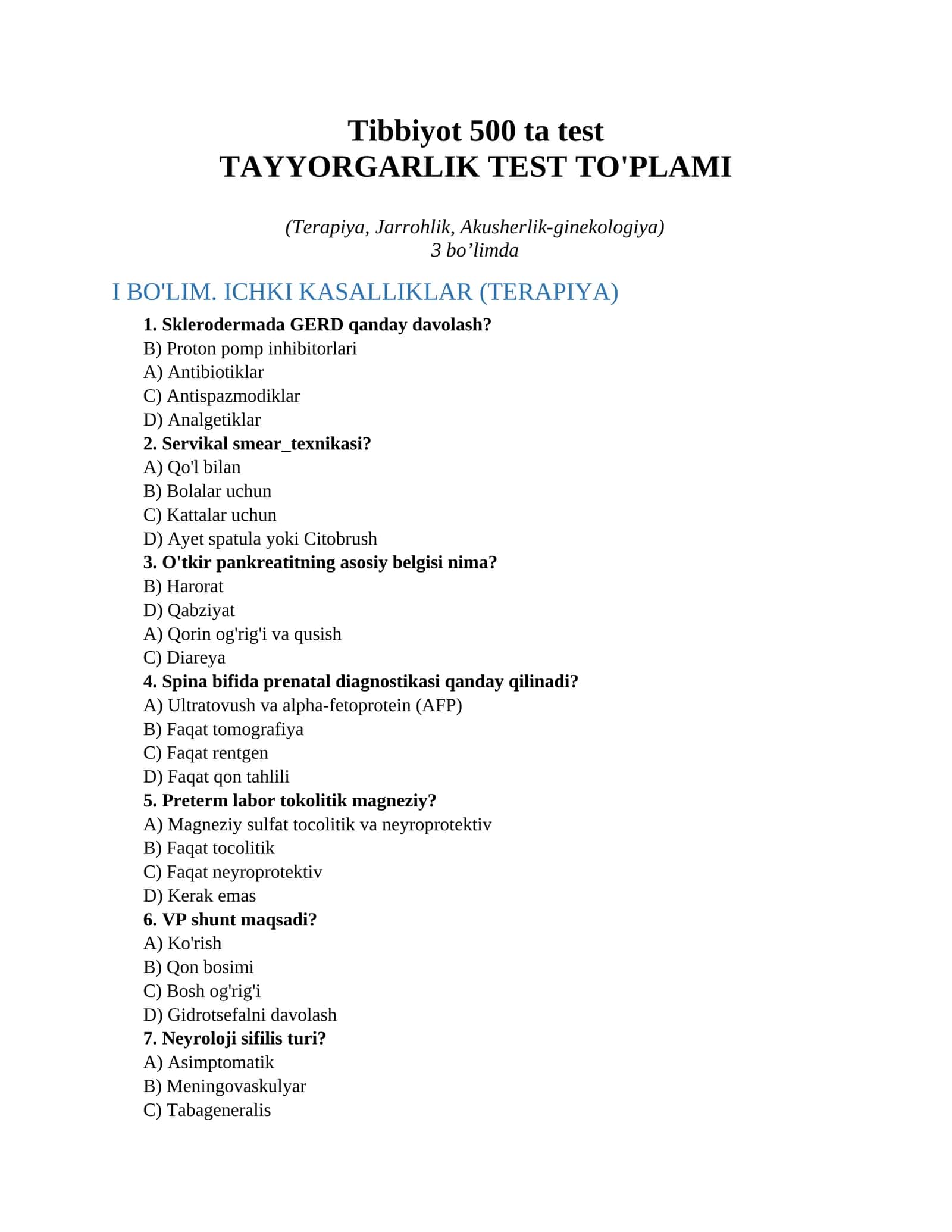 Tibbiyot 500 ta test 1