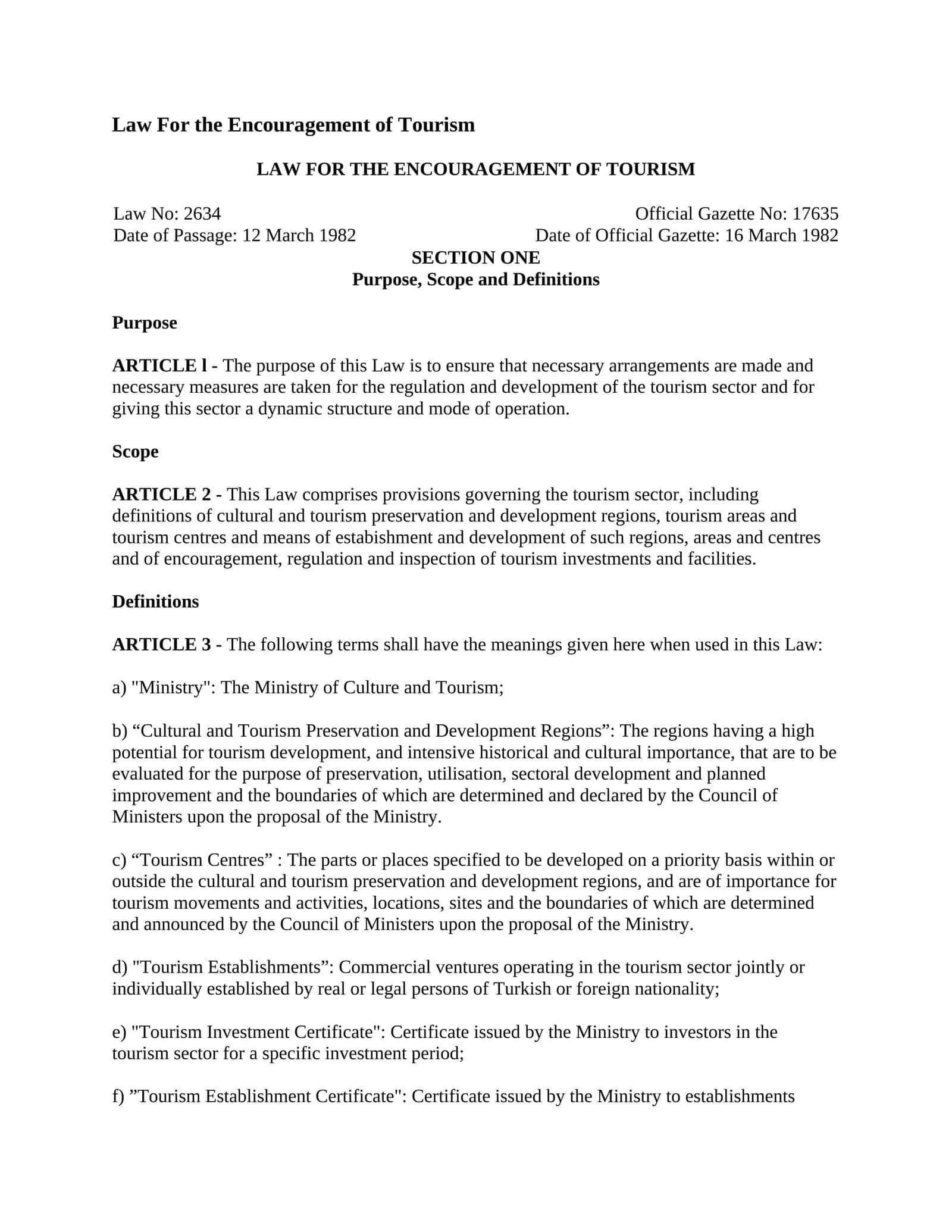 LAW FOR THE ENCOURAGEMENT OF TOURISM 1