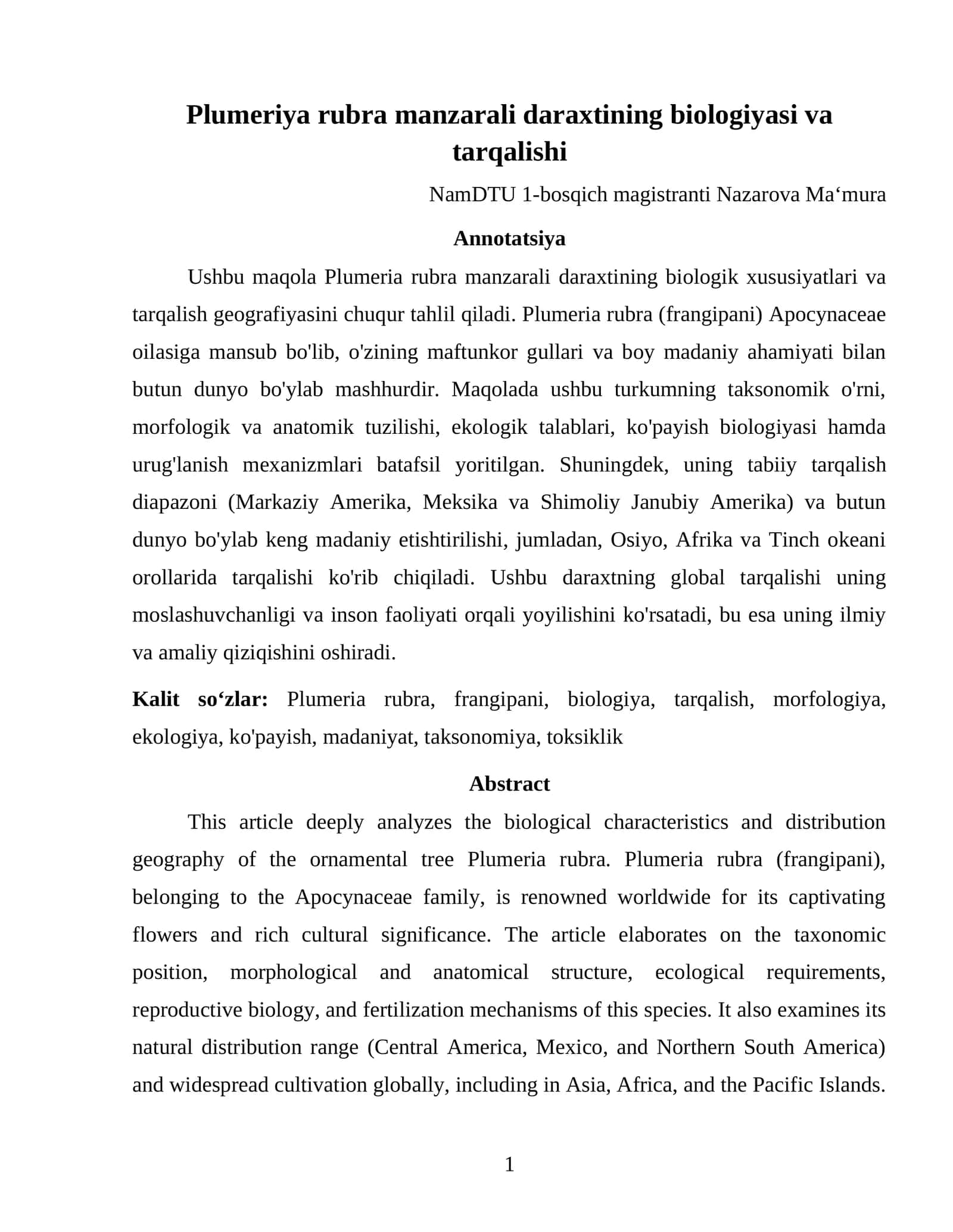 Plumeriya rubra manzarali daraxtining biologiyasi va tarqalishi 1