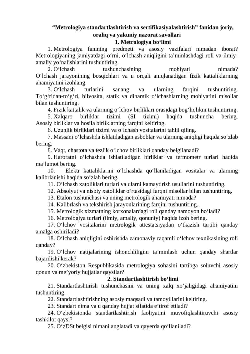Metrologiya standartlashtirish va sertifikasiyalashtirish 1
