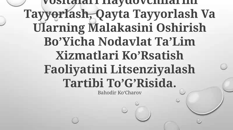 Avtomototransport Vositalari Va Shahar Elektr Transporti Vositalari Haydovchilarini Tayyorlash, Qayta Tayyorlash Va Ularning Malakasini Oshirish Bo’Yicha Nodavlat Ta’Lim Xizmatlari Ko’Rsatish Faoliyatini Litsenziyalash Tartibi To’G’Risida 1