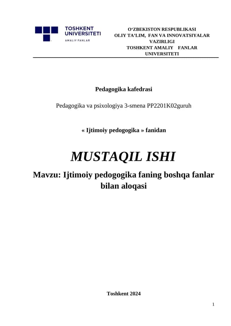 Ijtimoiy pedogogika faning boshqa fanlar bilan aloqasi 1