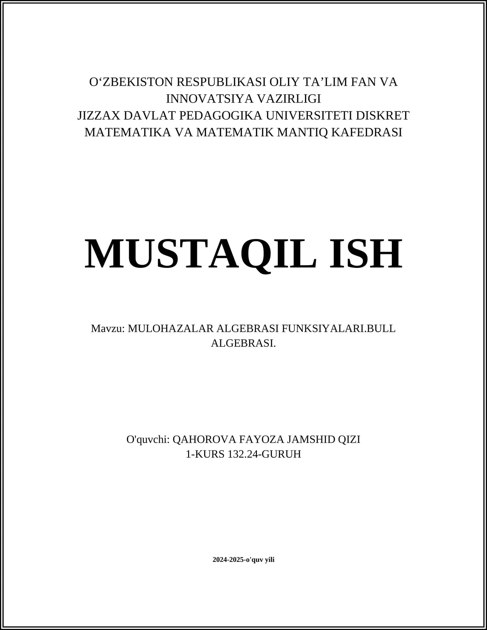 MULOHAZALAR ALGEBRASI FUNKSIYALARI.BULL ALGEBRASI 1