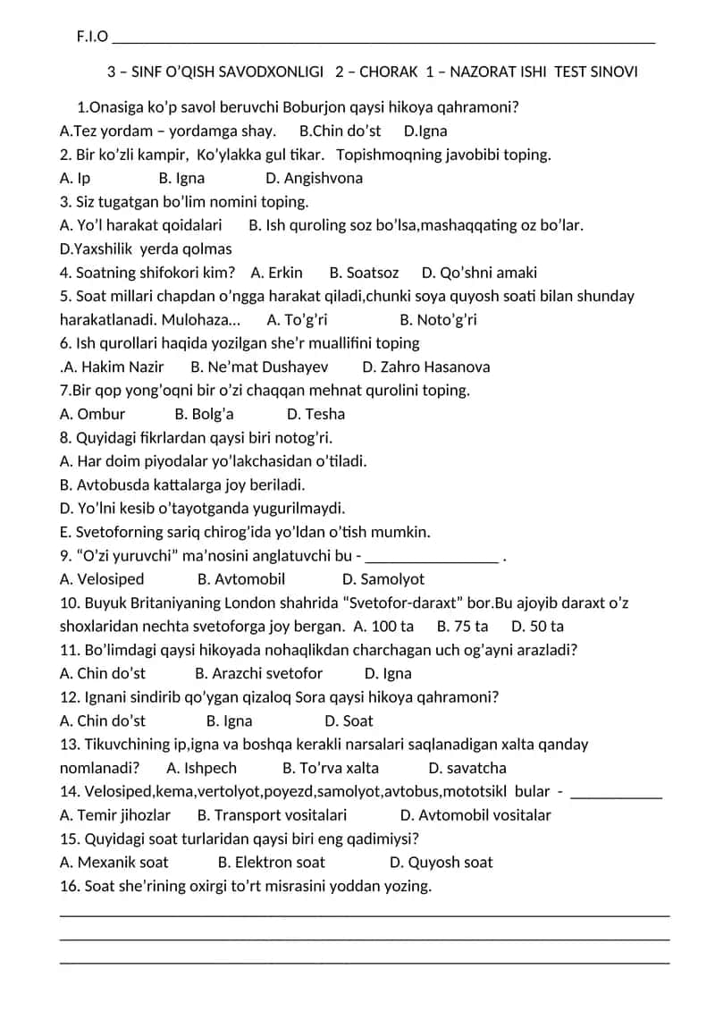 3 – SINF O’QISH SAVODXONLIGI 2 – CHORAK 1 – NAZORAT ISHI TEST SINOVI 1
