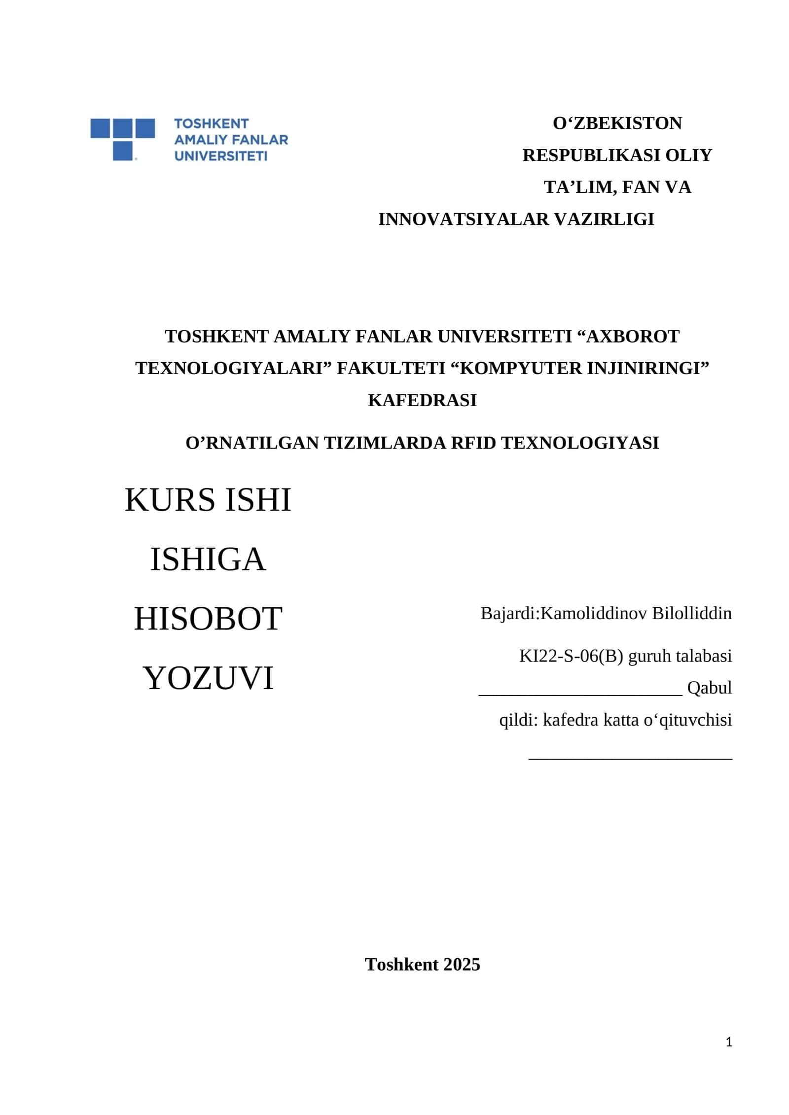 O‘RNATILGAN TIZIMLARDA RFID TEXNOLOGIYASI 1