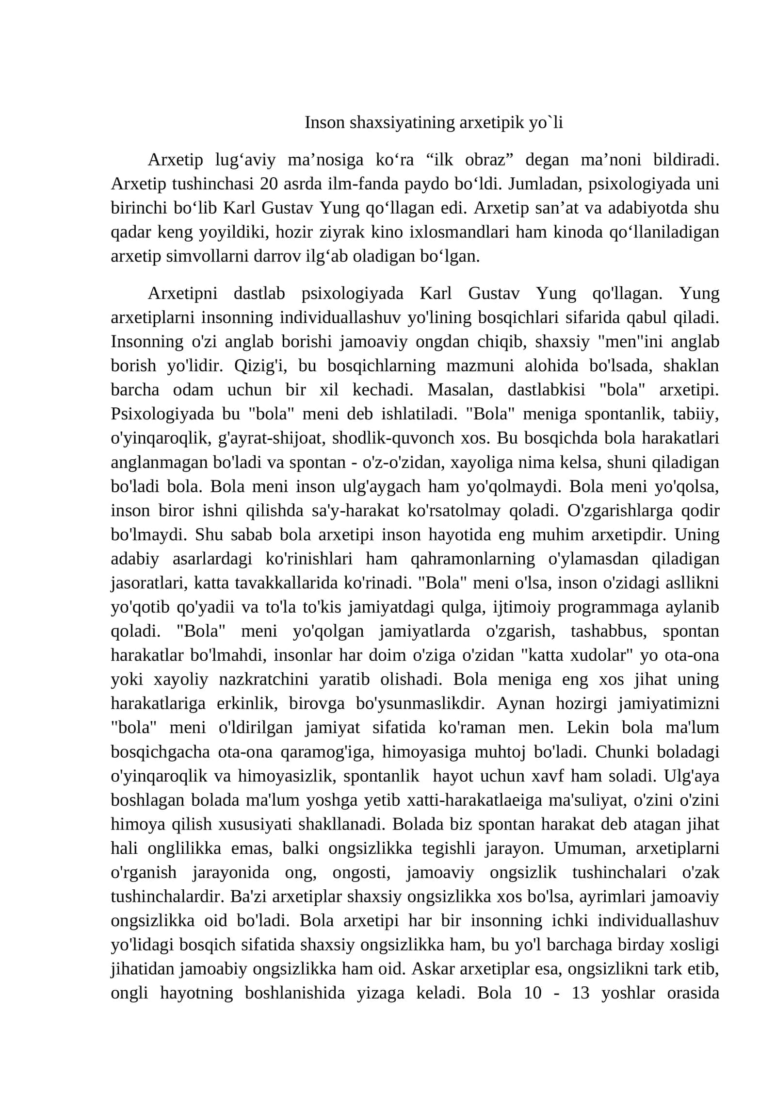Inson shaxsiyatining arxetipik yo`li 1