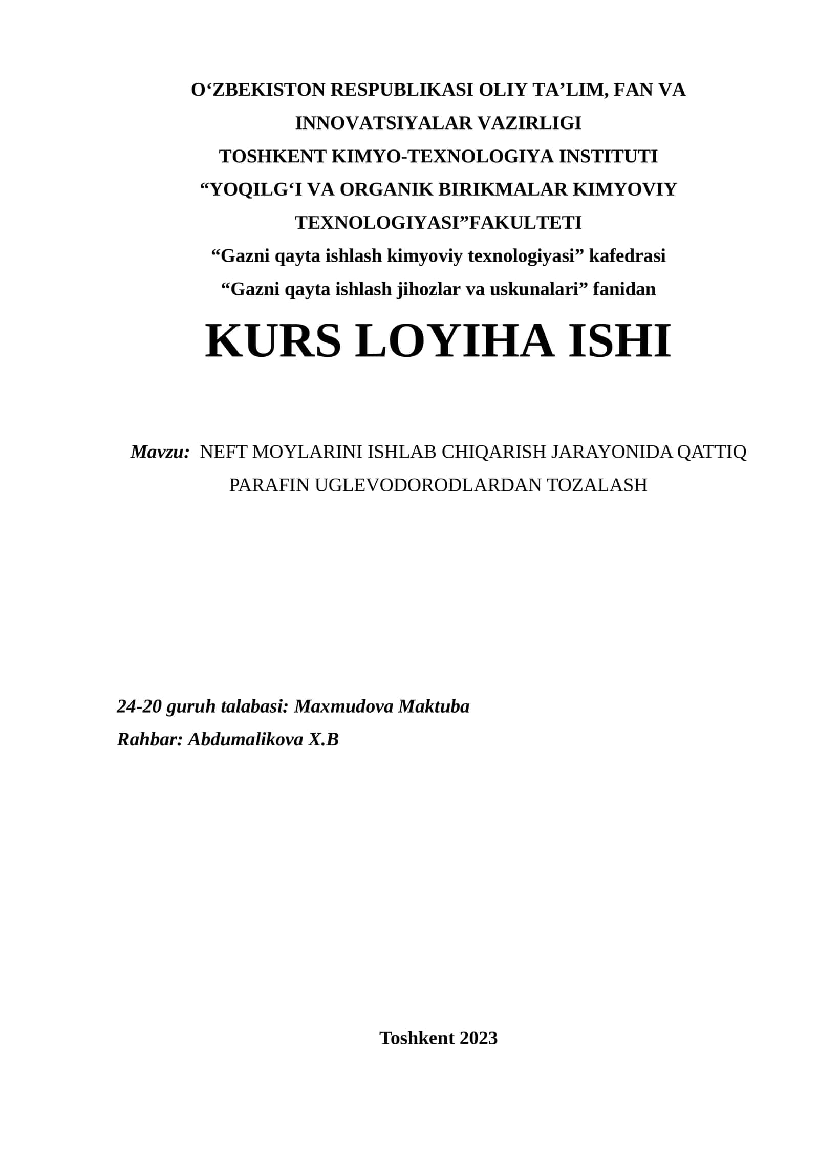 Gazni qayta ishlash kimyoviy texnologiyasi 1
