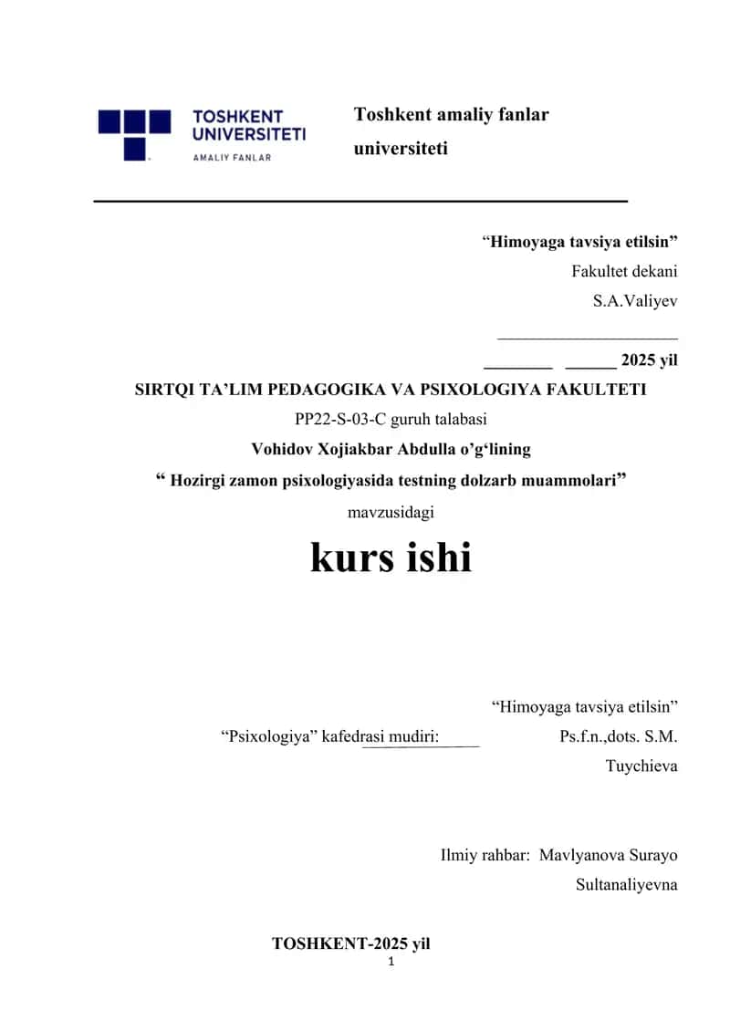 Hozirgi zamon psixologiyasida testning dolzarb muammolari. 1