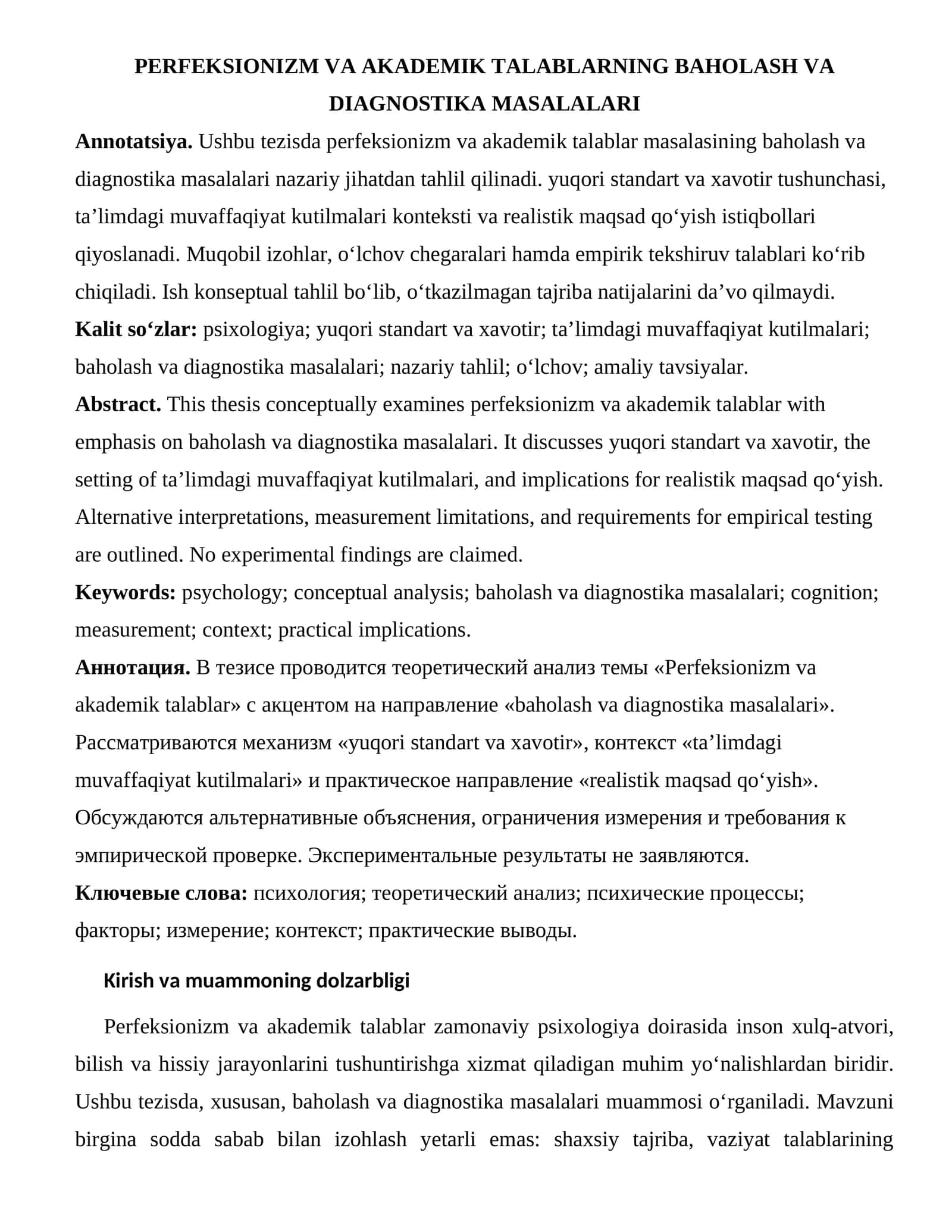 PERFEKSIONIZM VA AKADEMIK TALABLARNING BAHOLASH VA DIAGNOSTIKA MASALALARI 1