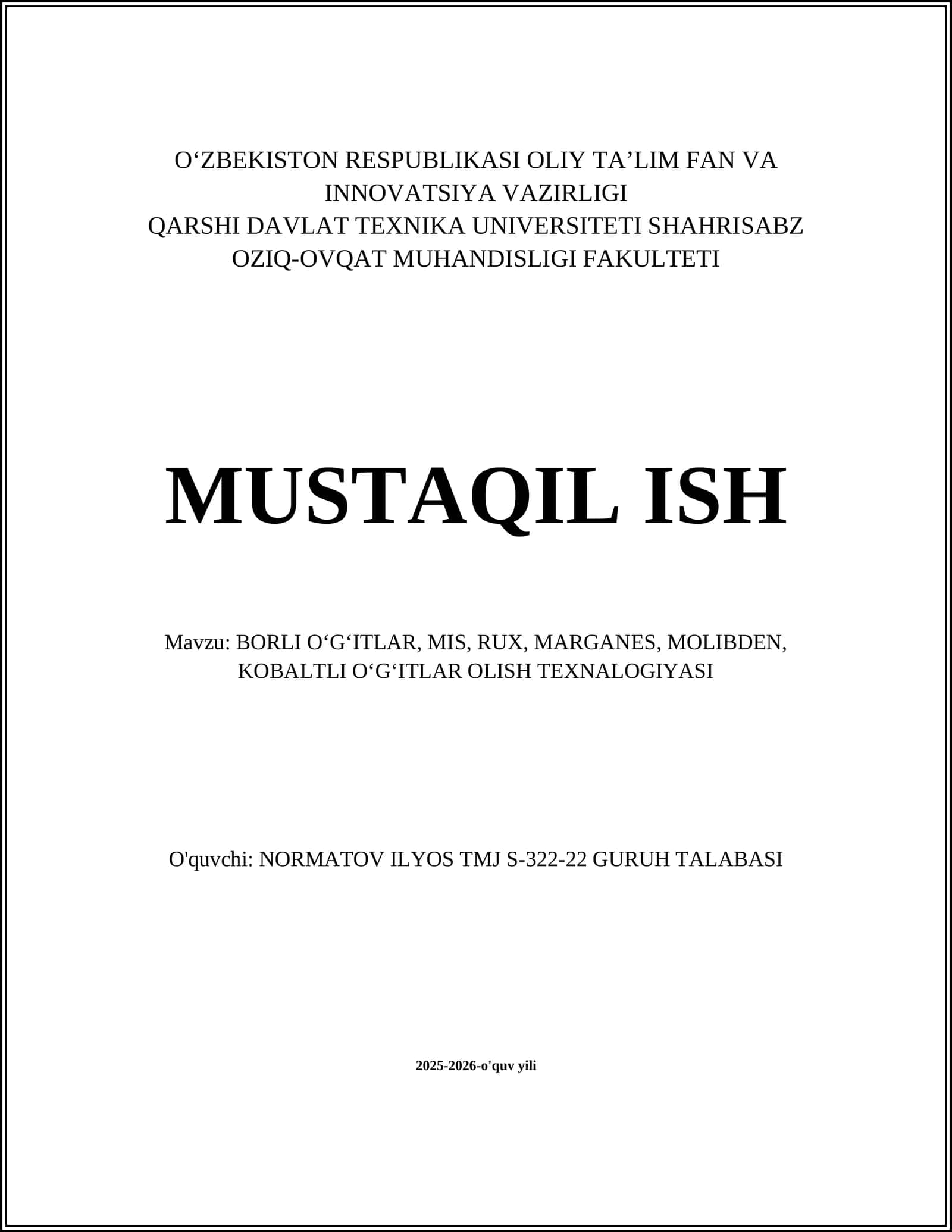 BORLI OʻGʻITLAR, MIS, RUX, MARGANES, MOLIBDEN, KOBALTLI OʻGʻITLAR OLISH TEXNALOGIYASI 1