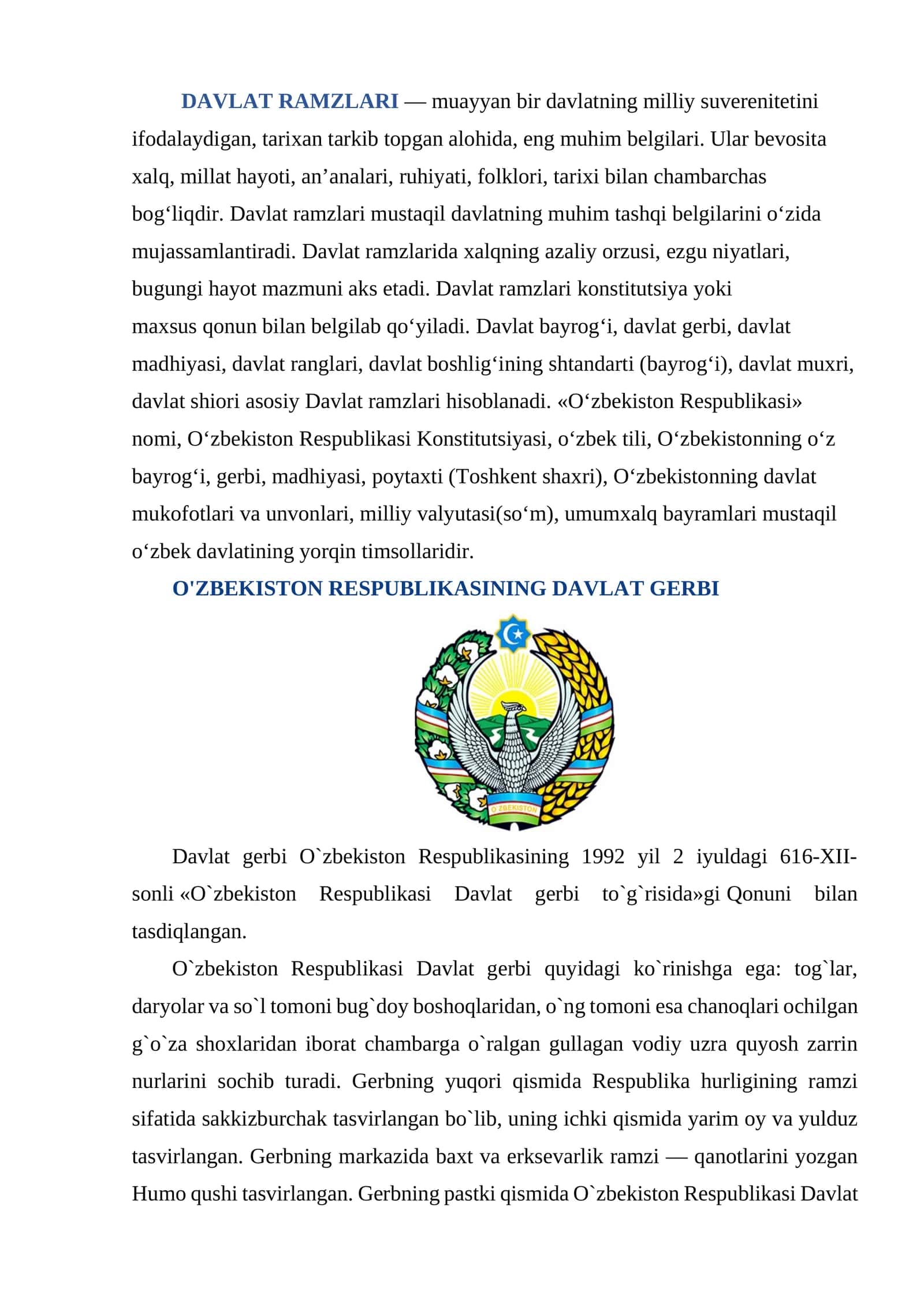 O'ZBEKISTON RESPUBLIKАSINING DАVLАT RAMZLARI 1