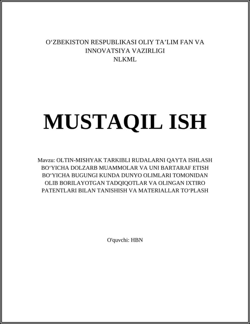 Oltin-Mishyak Tarkibli Rudalarning Minerallashuvi va Kimyoviy Xossalari Bo‘yicha Zamonaviy Tadqiqotlar va Patentlar 1