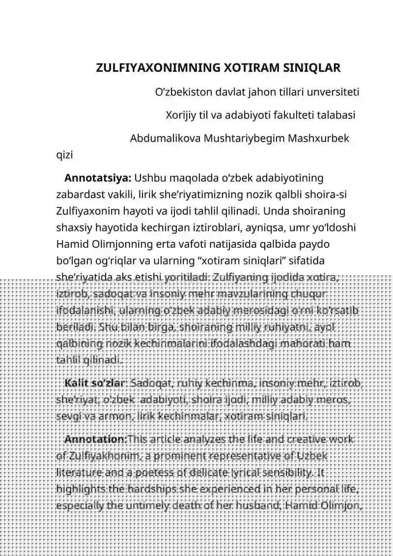Zulfiyakhonimning Xotiram Siniqlar