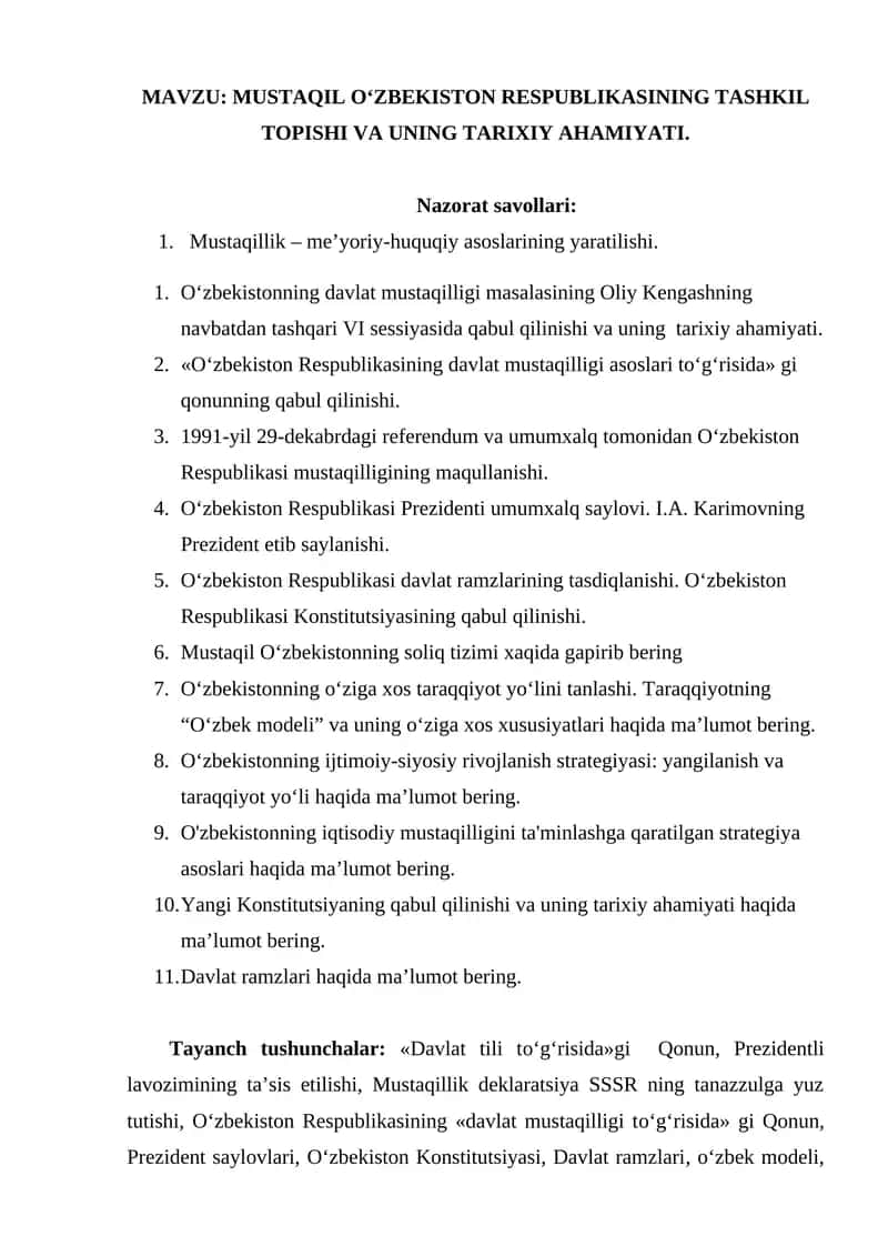 MUSTAQIL O‘ZBEKISTON RESPUBLIKASINING TASHKIL TOPISHI VA UNING TARIXIY AHAMIYATI 1