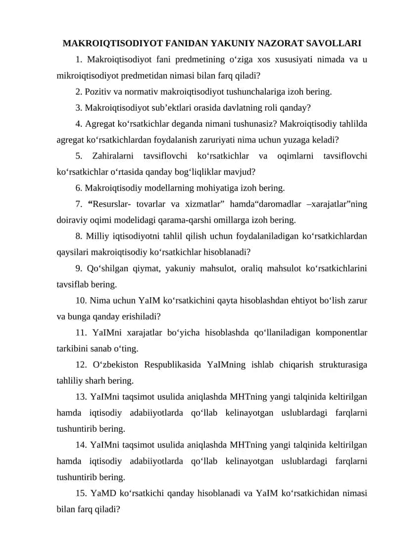 MAKROIQTISODIYOT FANIDAN YAKUNIY NAZORAT SAVOLLARI 1