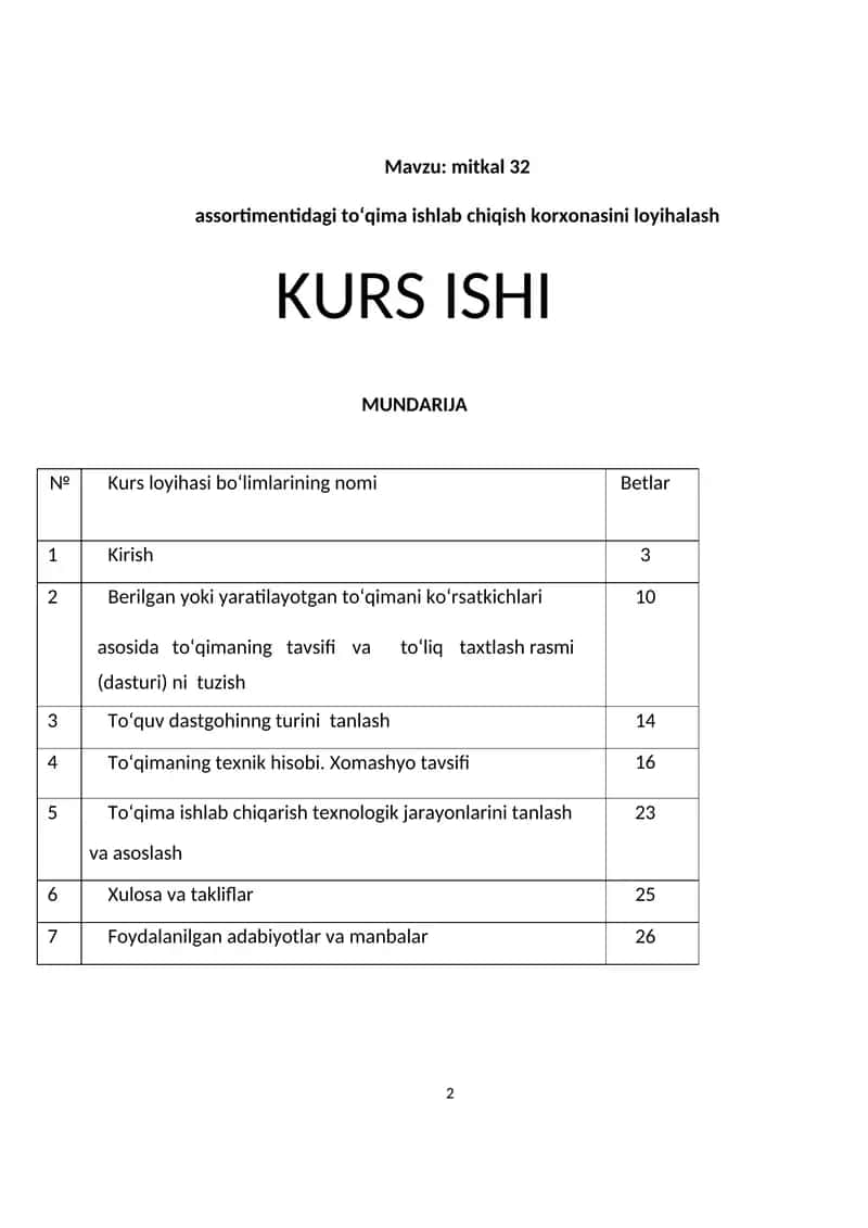 mitkal 32 assortimentidagi toʻqima ishlab chiqish korxonasini loyihalash 1