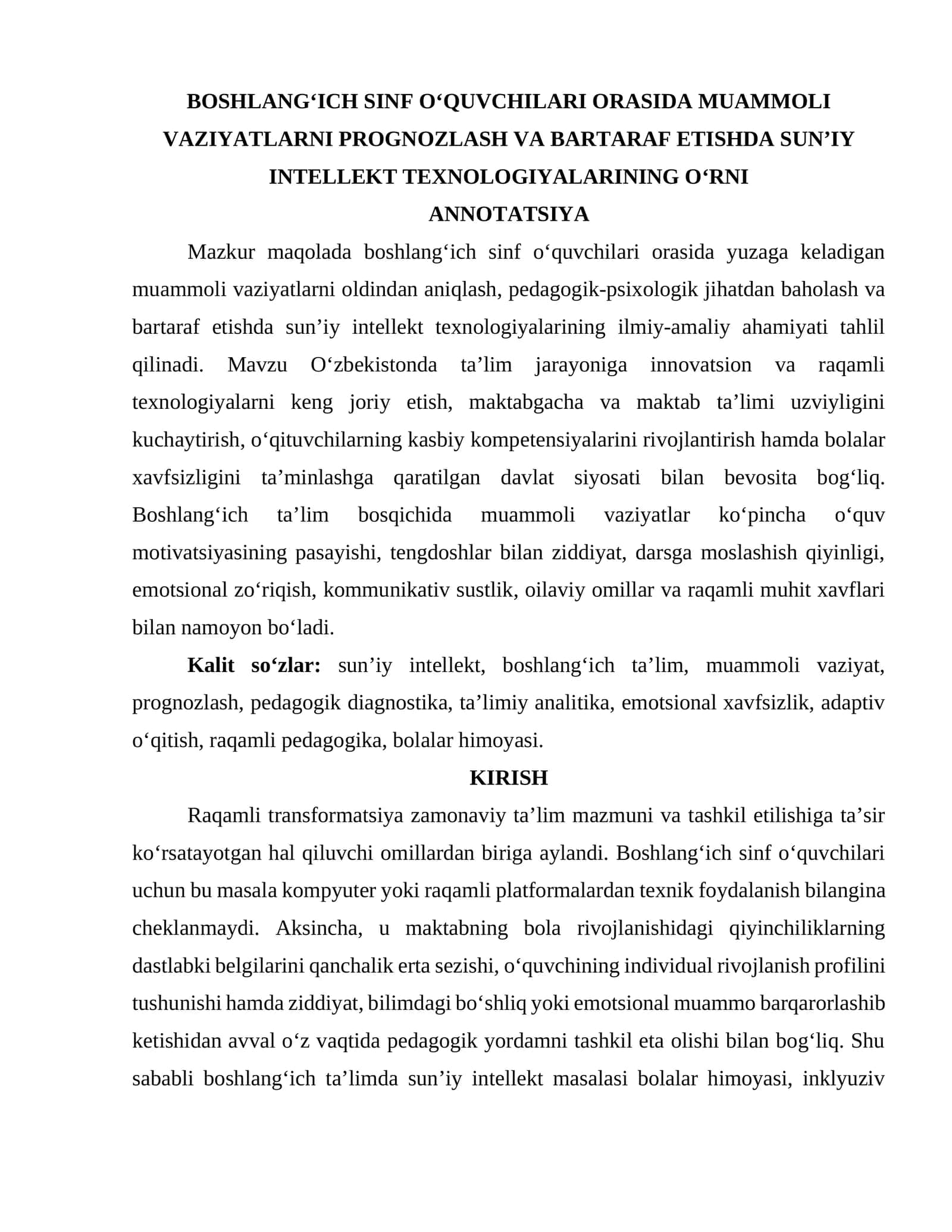 BOSHLANG‘ICH SINF O‘QUVCHILARI ORASIDA MUAMMOLI VAZIYATLARNI PROGNOZLASH VA BARTARAF ETISHDA SUN’IY INTELLEKT TEXNOLOGIYALARINING O‘RNI 1