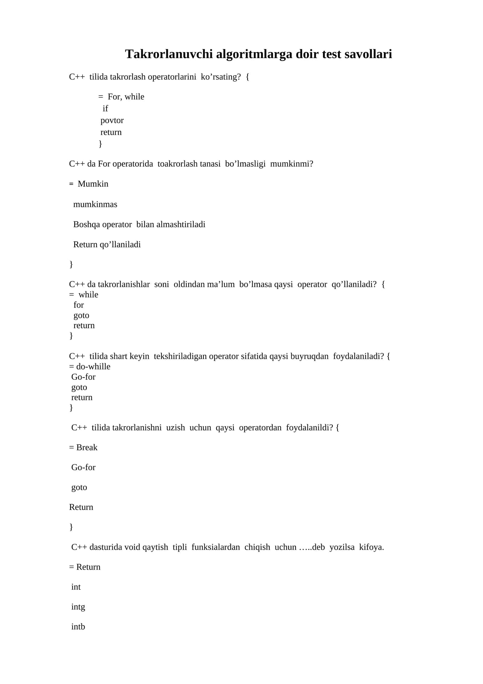 Takrorlanuvchi algoritmlarga doir test savollari 1