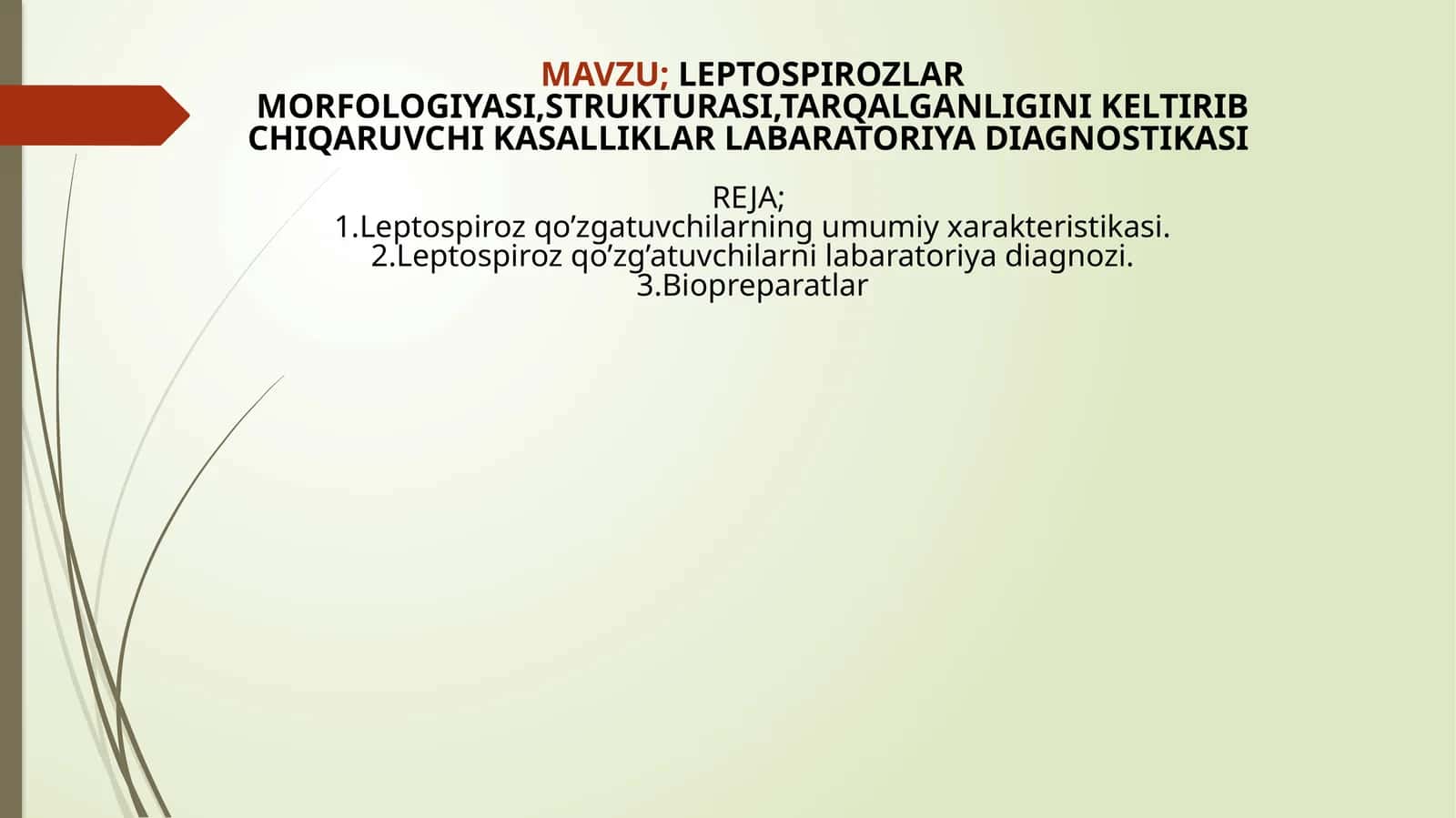 LEPTOSPIROZLARMORFOLOGIYASI,STRUKTURASI,TARQALGANLIGINI KELTIRIB CHIQARUVCHI KASALLIKLAR LABARATORIYA DIAGNOSTIKASI 1