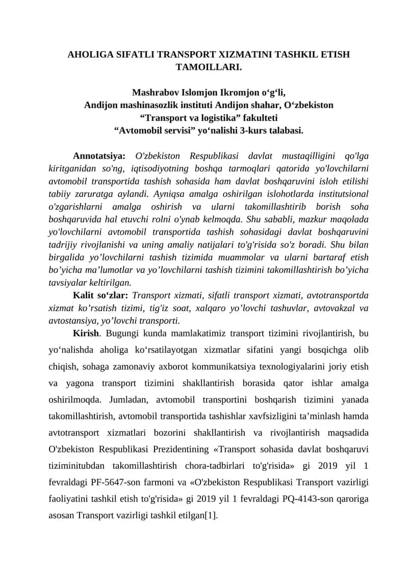AHOLIGA SIFATLI TRANSPORT XIZMATINI TASHKIL ETISH TAMOILLARI. 1