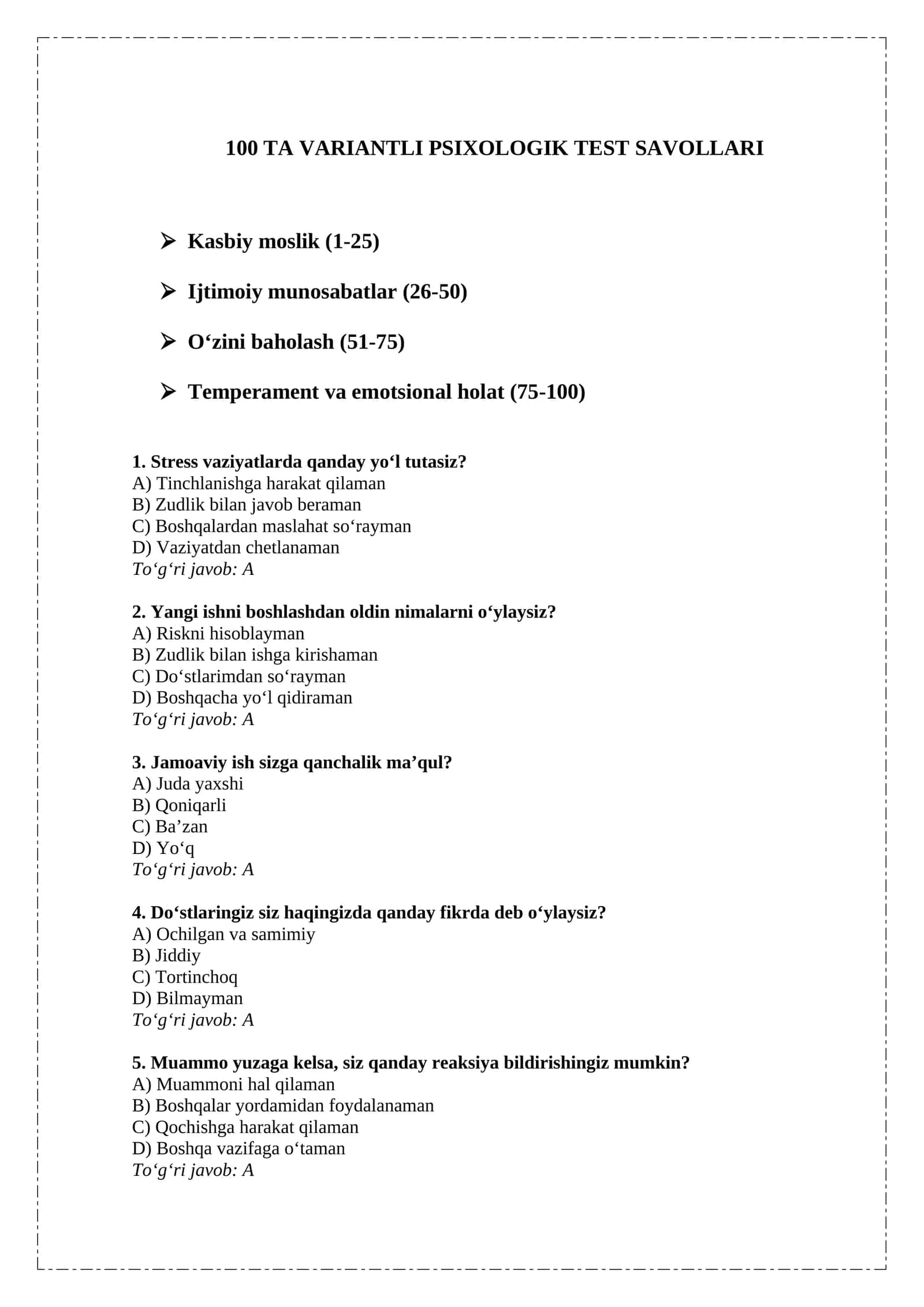 100 TA VARIANTLI PSIXOLOGIK TEST SAVOLLARI ICHKI ISHLARGA KIRUVCHILARGA 1