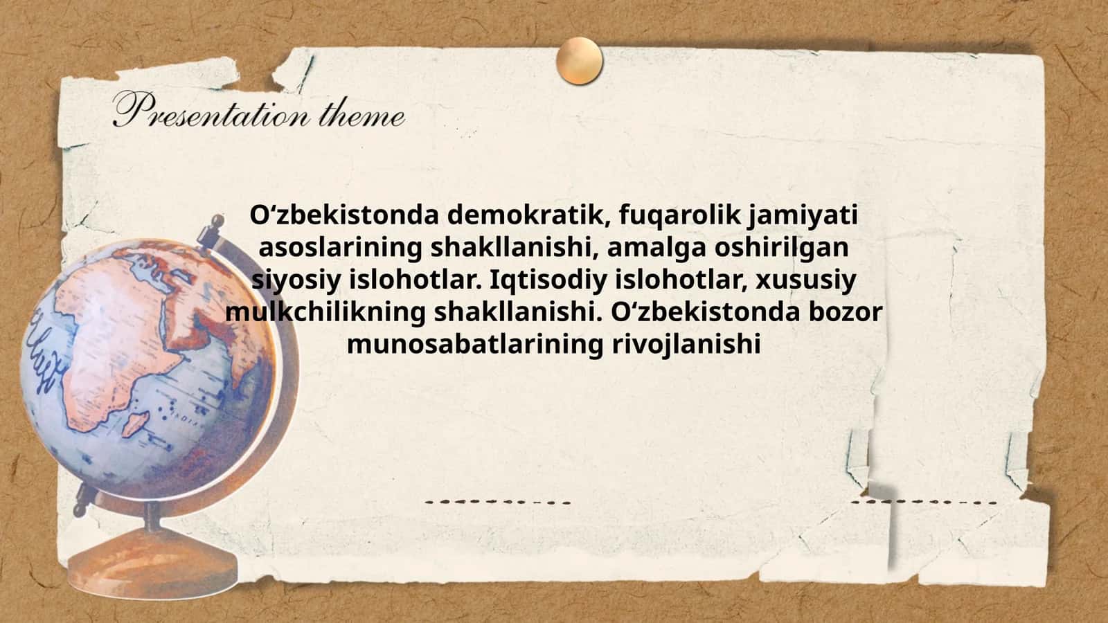 O‘zbekistonda demokratik, fuqarolik jamiyati asoslarining shakllanishi, amalga oshirilgan siyosiy islohotlar. Iqtisodiy islohotlar, xususiy mulkchilikning shakllanishi. O‘zbekistonda bozor munosabatlarining rivojlanishi 1