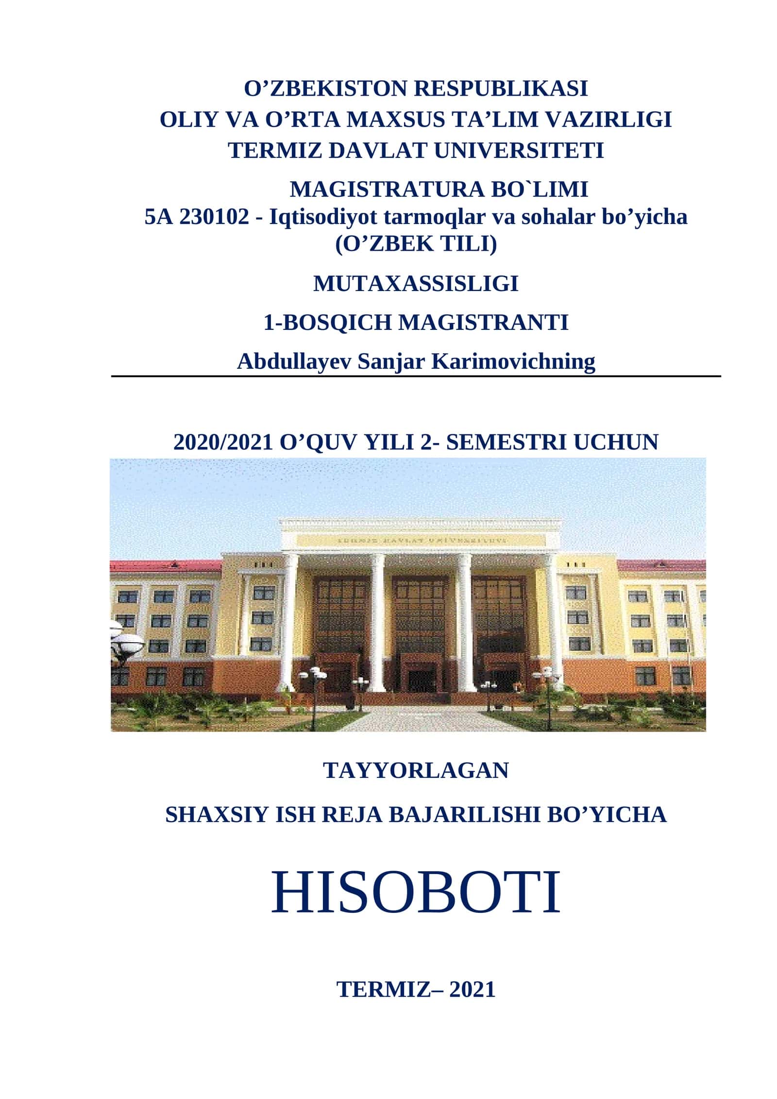 SHAXSIY ISH REJA BAJARILISHI BO’YICHA HISOBOTI 1