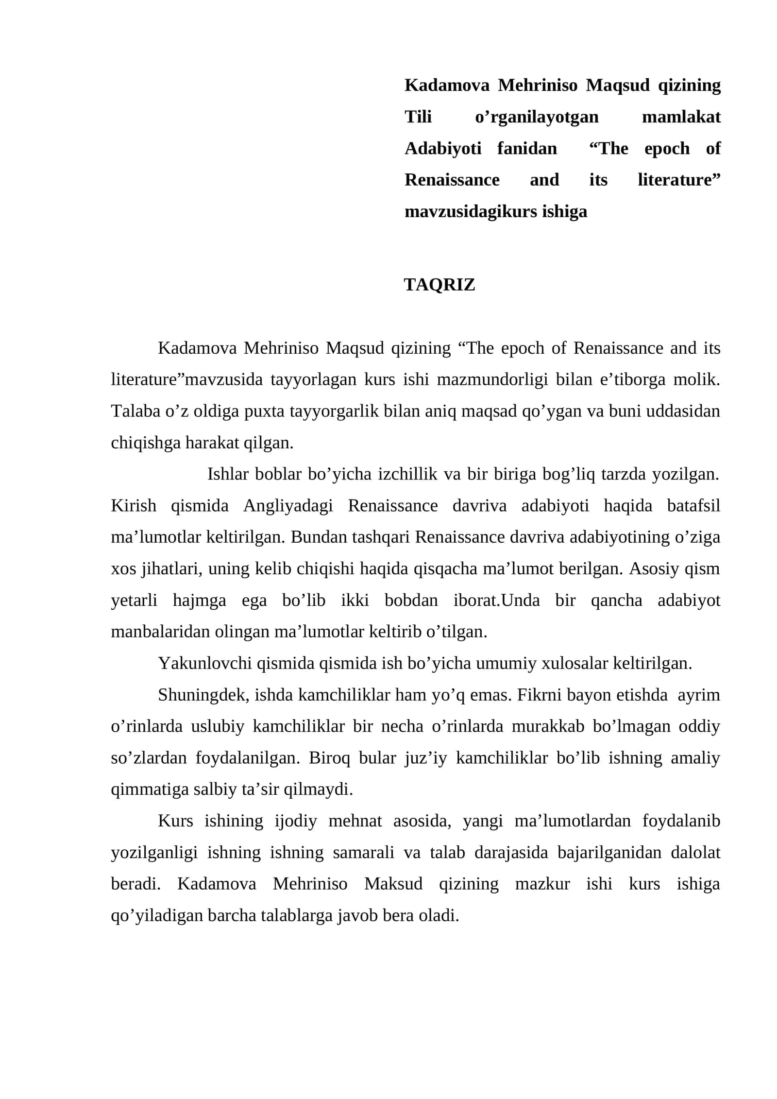 Kadamova Mehriniso Maqsud qizining Tili o’rganilayotgan mamlakat Adabiyoti fanidan kurs ishi 1