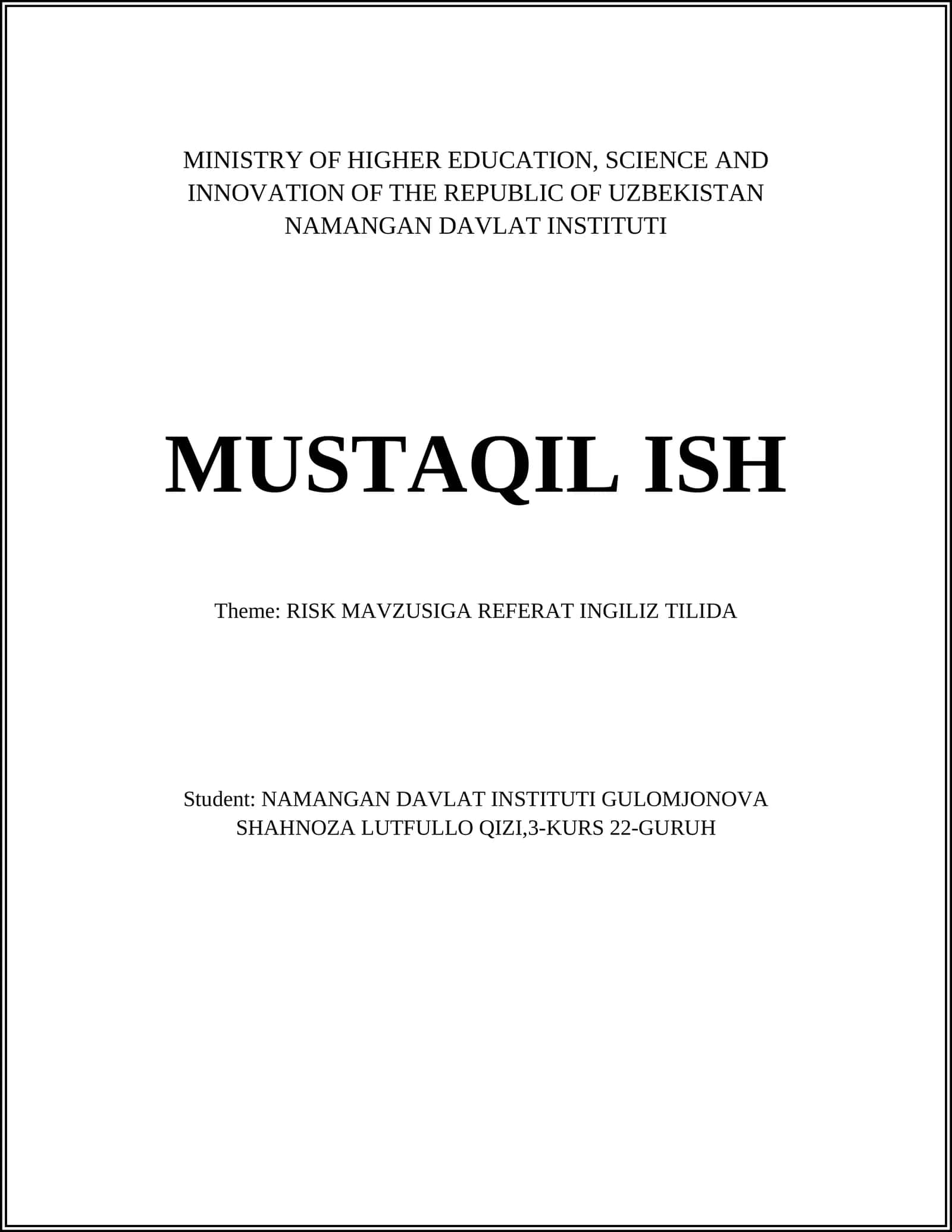 RISK MAVZUSIGA REFERAT INGILIZ TILIDA 1