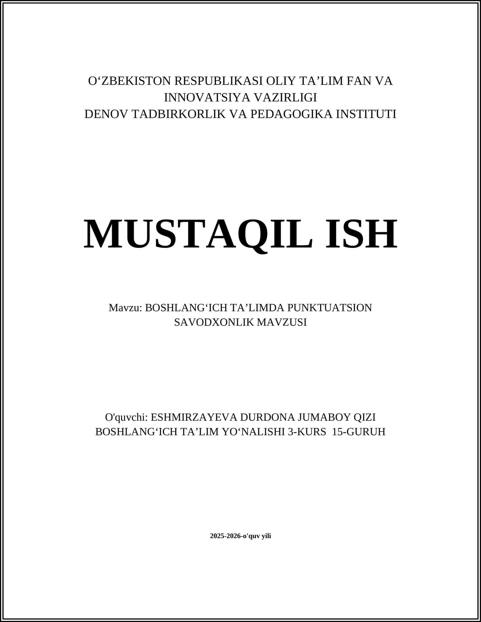 BOSHLANGʻICH TAʼLIMDA PUNKTUATSION SAVODXONLIK MAVZUSI 1