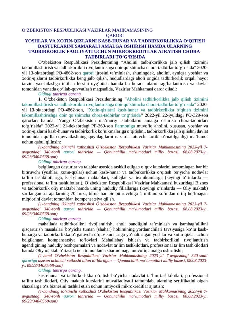 YOSHLAR VA XOTIN-QIZLARNI KASB-HUNAR VA TADBIRKORLIKKA O‘QITISH DASTURLARINI SAMARALI AMALGA OSHIRISH HAMDA ULARNING TADBIRKORLIK FAOLIYATI UCHUN MIKROKREDITLAR AJRATISH CHORA-TADBIRLARI TO‘G‘RISIDA 1