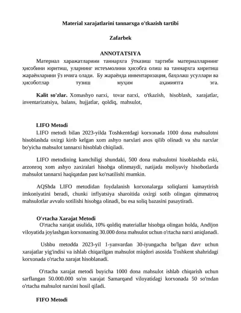 Material xarajatlarini tannarxga o'tkazish tartibi 1