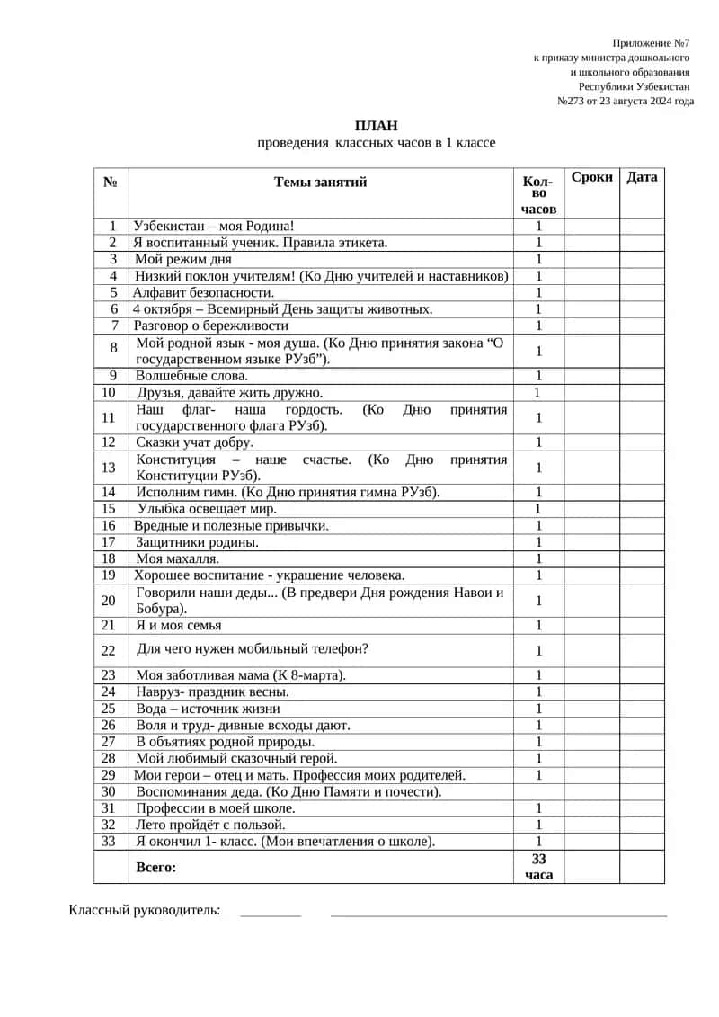 Проведения классных часов 1