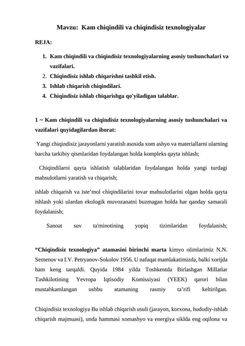 Kam chiqindili va chiqindisiz texnologiyalar 1