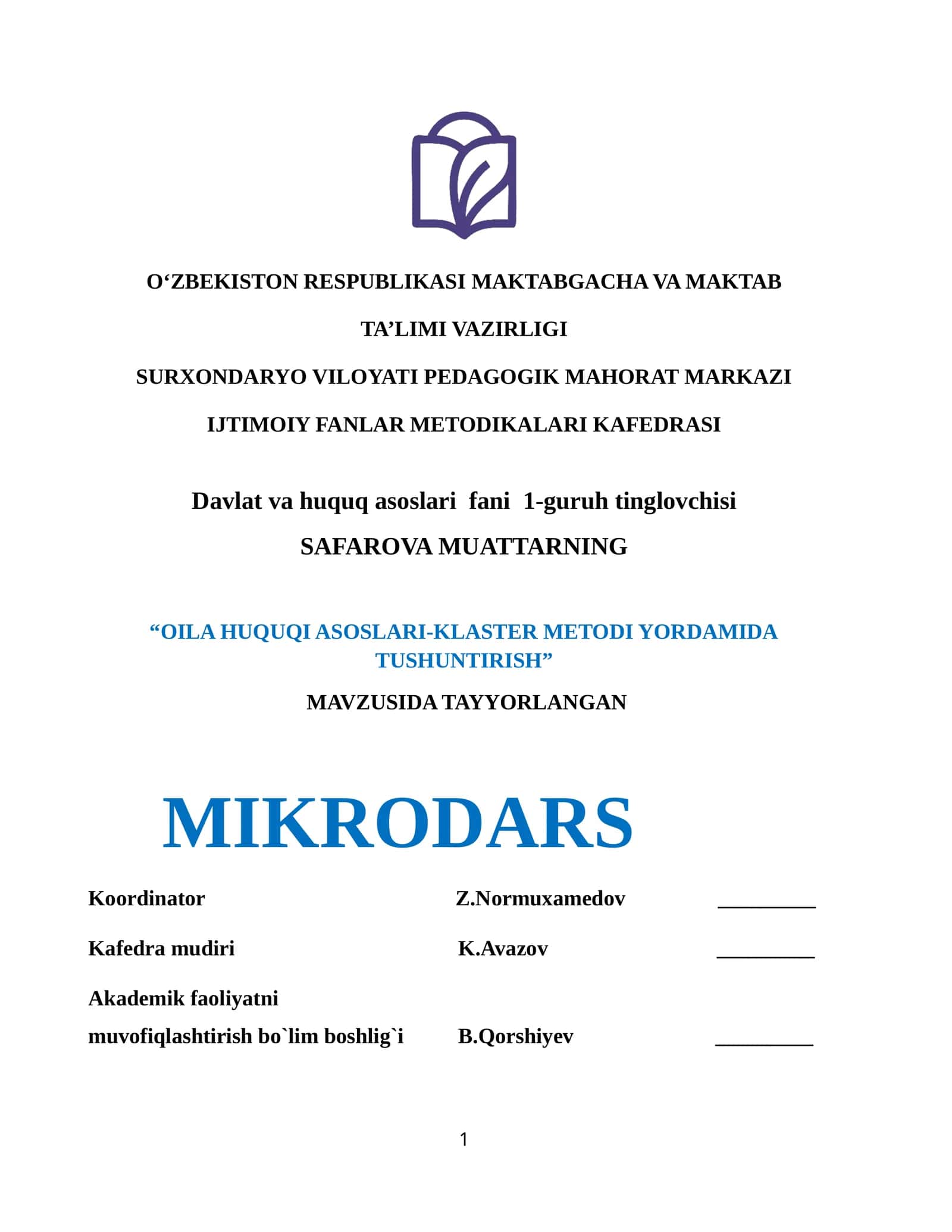 Oila huquqi Klaster metodi orqali mikrodars 1