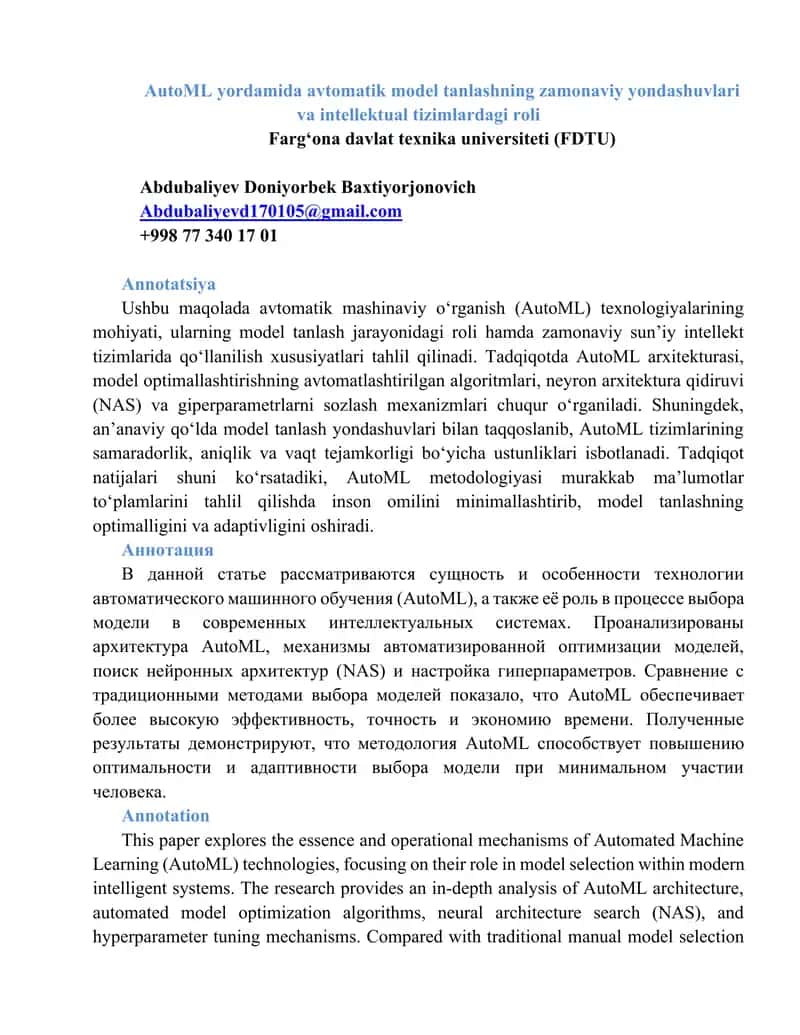 AutoML yordamida avtomatik model tanlashning zamonaviy yondashuvlari va intellektual tizimlardagi roli 1