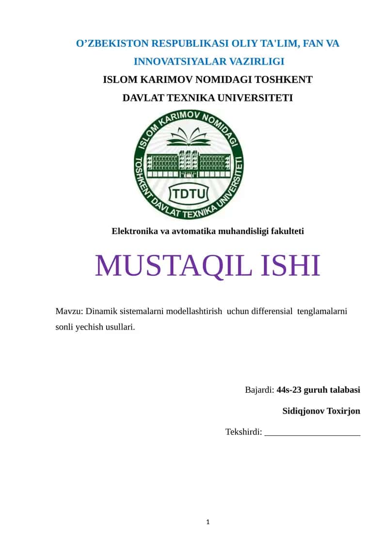Dinamik sistemalarni modellashtirish uchun differensial tenglamalarni sonli yechish usullari 1
