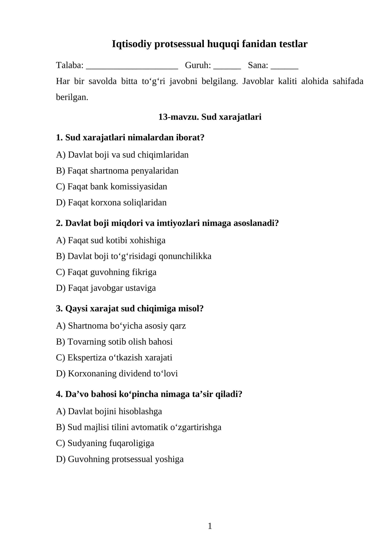 Sud xarajatlari TEST. 1